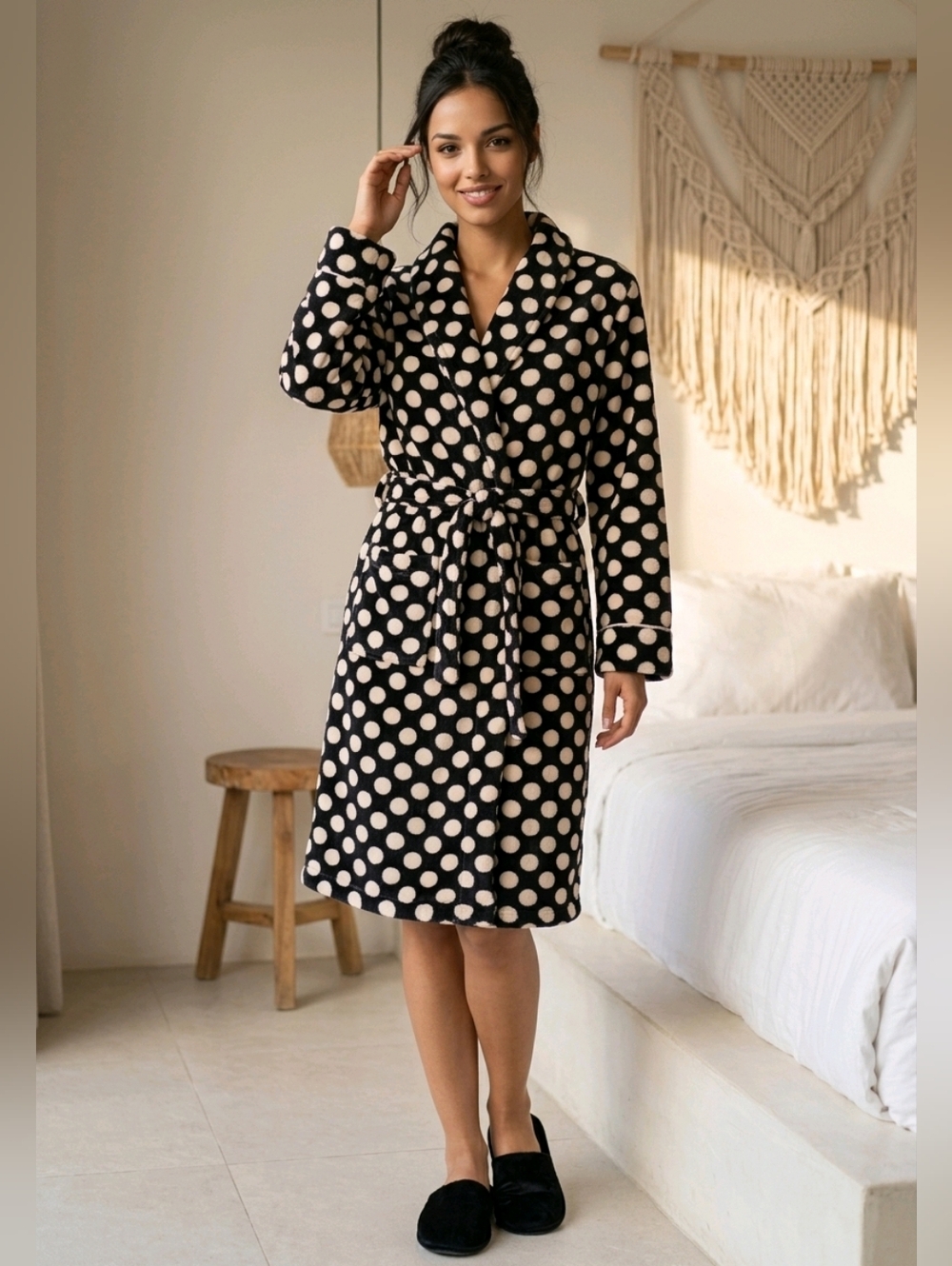 Kate Spade Super Soft Plush Black W/Pink Dots Robe SZ XS/S Kimono Wrap NWT